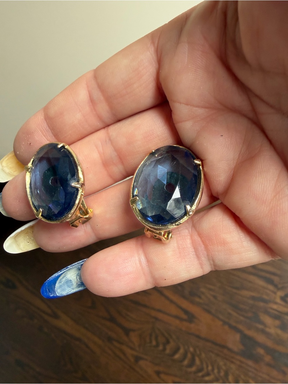 Vintage Gold-Tone Blue Oval Clip-On Earrings